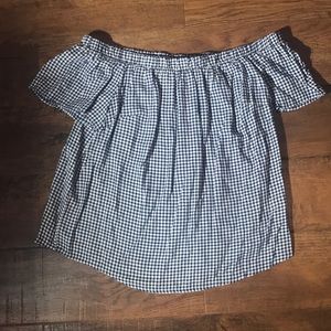 Off the shoulder plaid shirt